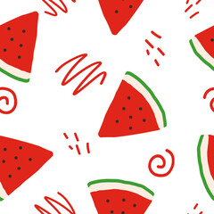 watermelon slices and doodles vector seamless pattern. hand drawn. illustration for wallpaper, wrapping paper, textile, background. red juicy summer fruit.