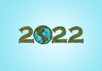 Happy New Year 2022 Concept. 3D Forest or tree shape isolated on 2022  lettering typography. World Environment and Earth Day Concept.