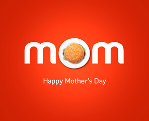 Happy Mother's day concept. Holiday restaurant mother's day concept with burger. Burger mom text shape isolated on a red background.