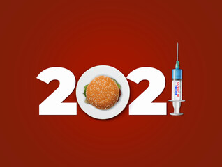 Coronavirus vaccination concept. Get vaccinated to stay healthy. Keep yourself safe, keep others safe. 2021 covid-19 vaccine year. Burger shape isolated with 2021 typography. 
