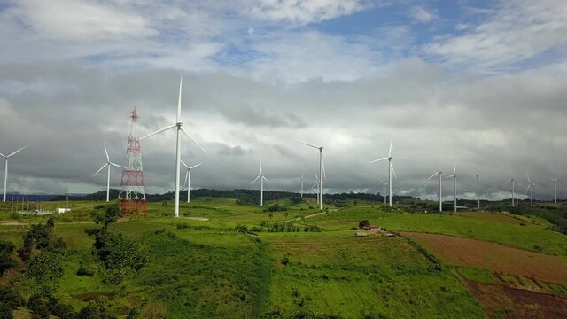 Aerial view Wind power turbines generating clean renewable energy for sustainable development 