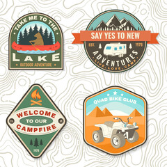 Set of camping badges. Vector Patch or sticker. Concept for shirt or logo, print, stamp or tee. Vintage typography design with quad bike, tent, mountain, camper trailer and forest silhouette.