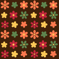Fototapeta na wymiar Retro 1970s orange, green, red, and yellow florals on a dark brown background. Seamless repeating vector background.