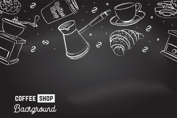 Seamless pattern for coffee shop, restaurant, cafe, bar. Cafe menu background. Vector. Coffee, croissant, cup, beans, grinder and grinder on the chalkboard