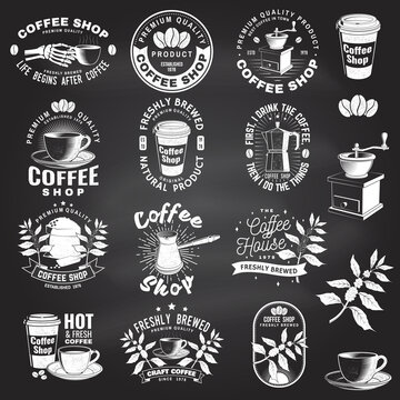 Set of Coffe shop logo, badge template on the chalkboard. Vector. Typography design with coffee grinder and coffee maker silhouette. Template for menu for restaurant, cafe, bar, packaging