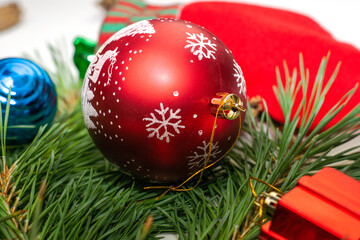 christmas tree decorations toys on a pine branch