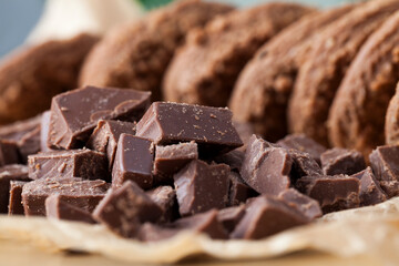 chocolate cookies close-up on an old kitchen table