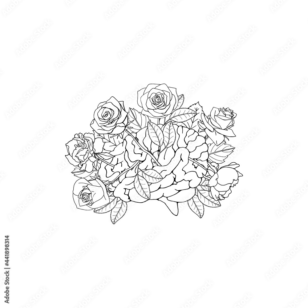 Wall mural Line art illustration of hand drawn brain with floral decoration. Mental health concept. Isolated on white background. - Wall murals