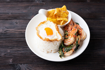 Stir fried Spicy Prawn , Thai Holy Basil With  Steamed Rice And Fried egg