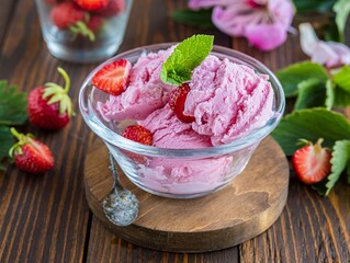 Three scoops of homemade strawberry ice cream with fresh strawberries in a transparent bowl on a brown wooden background.