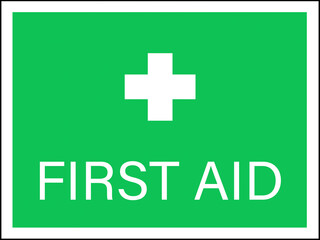 First aid typography Text with white cross sign, green background, Illustration image