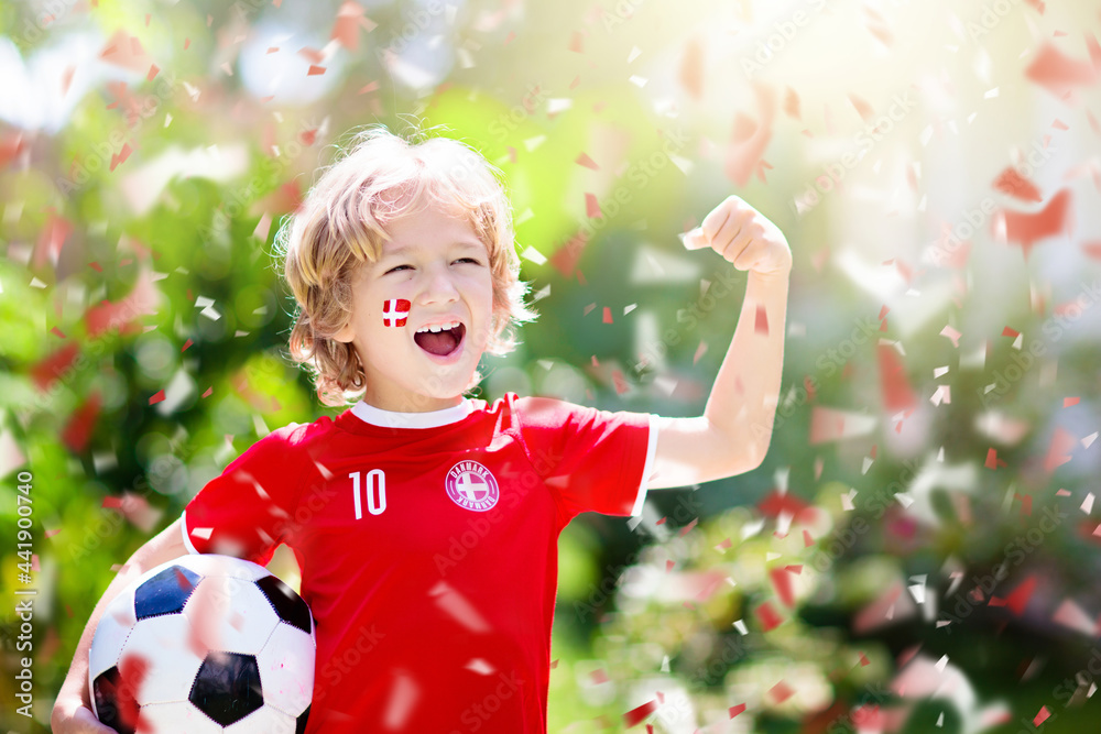 Wall mural Denmark football fan. Danish kids play soccer.