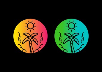 Colorful gradient color of Coconut tree and sun line art badge