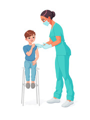 Nurse in mask vaccinating young kid. Vector illustration.