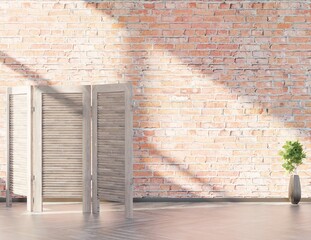 Brick wall interior with a screen and sunlight. Home plant on a wooden floor. 3D rendering.