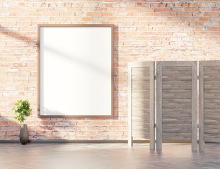 Empty poster template on a brick wall. Sunlight and wooden floor. Frame for pictures and lettering. 3D rendering.