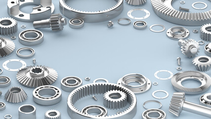 Flat layout of the flatlay of gears and bearings, with an empty space. Mechanical background of...