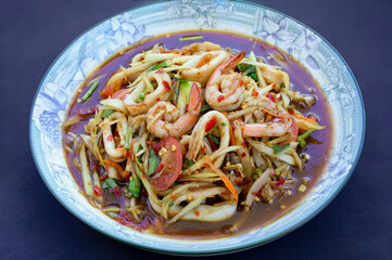 Street Food In Thailand, Papaya Salad with Seafood