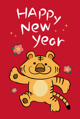 Tiger cartoon for New Year’s greeting card with English message. Vector illustration isolated on a red background.