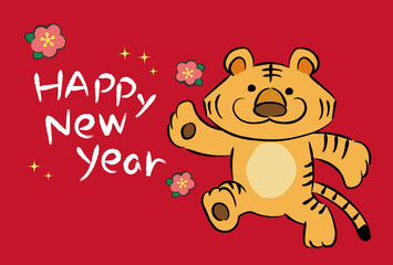 Tiger cartoon for New Year’s greeting card with English message. Vector illustration isolated on a red background.