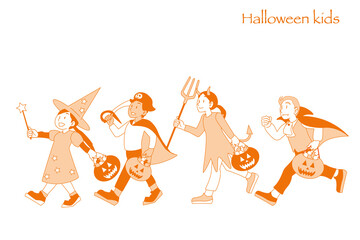 ハロウィンで仮装した子供たちのシンプルイラスト