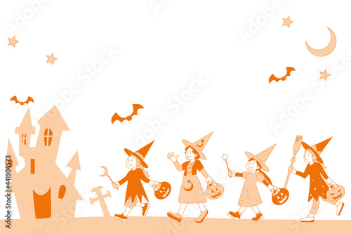 ハロウィンで魔女に仮装して行進する子供たちのシンプルカラーイラスト Wall Mural Masagami
