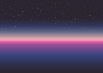 Night stars sky. Abstract skyline landscape. Vector. Retrowave, synthwave, vaporwave background. Retro, vintage 80s, 90s style. Black, purple, pink, blue colors. Banner, print, wallpaper, web template