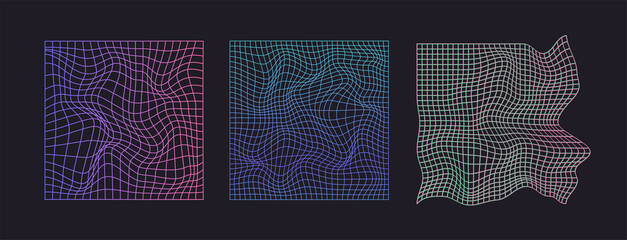 Fototapeta Distorted neon grid pattern. Vector. Abstract glitch background. Set collection. Retro wave, synthwave, rave, vaporwave. Blue, black, pink purple color. Trendy 1980s, 90s style. Print, poster, banner. obraz