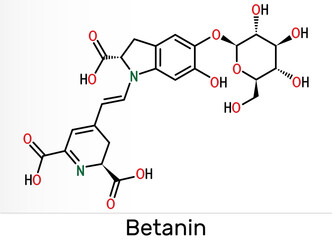 Fototapeta premium Betanin, molecule. It is betalain plant pigment, red glycosidic food dye, E162. Skeletal chemical formula