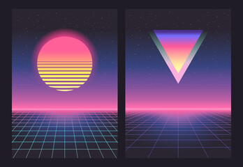 Futuristic set. Retrowave, synthwave, rave, vapor wave, cyberpunk party background. Vector light grid landscape. Retro, vintage 1980s, 1990s style. Black, purple, pink, blue neon colors. Print, poster