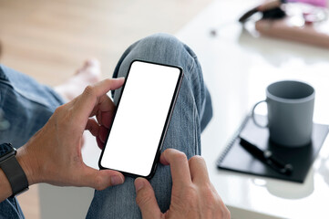 Cropped shot of man hands using smartphone with blank screen while sitting in living room at home.