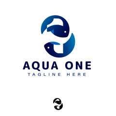 Blue aqua logo with number one and fish icon. Clean water business company symbol, sign reliable products and services. Pure aqua drop design template icon technology. Vector.