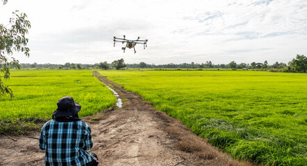 Commanders spraying chemicals using agricultural drones are popular in Thailand.