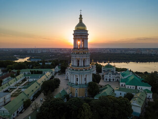 Fototapeta na wymiar Kiev Pechersk Lavra at dawn. Clear morning. Aerial drone view.