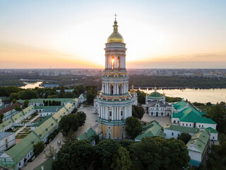 Naklejka premium Kiev Pechersk Lavra at dawn. Clear morning. Aerial drone view.