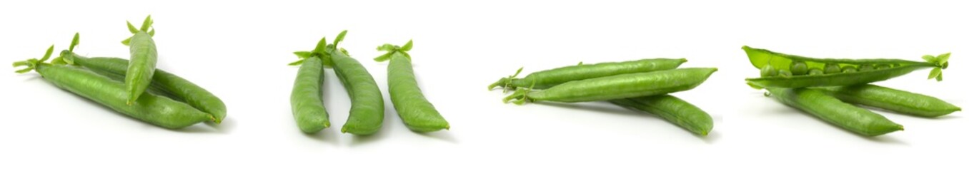 Collage of mix, pea pods isolated on white background. Set of 4 photos of legumes.