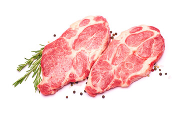 Fresh raw beef or pork steaks on white background