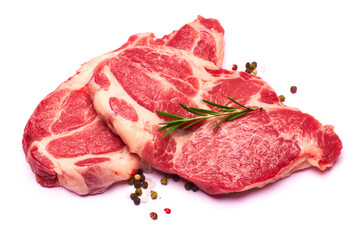 Fresh raw beef or pork steaks on white background
