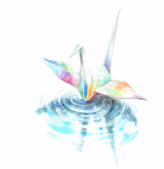 水に浮かぶ折り鶴　水彩画