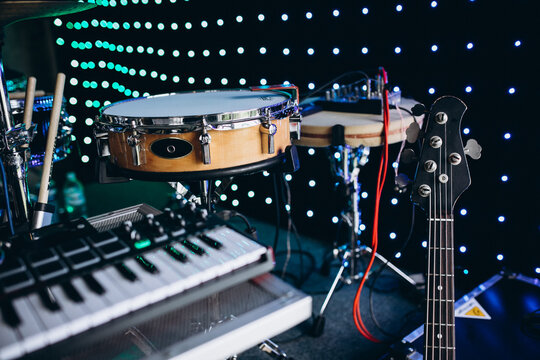 Drums Under Green Blue Lights At A Wedding Hall