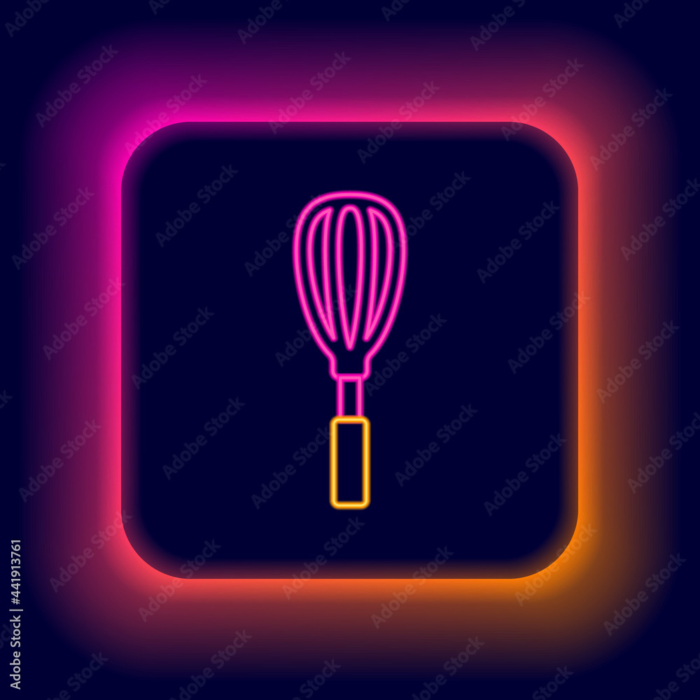 Sticker Glowing neon line Kitchen whisk icon isolated on black background. Cooking utensil, egg beater. Cutlery sign. Food mix symbol. Colorful outline concept. Vector