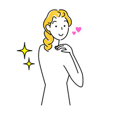 スキンケア 背中のポツポツ（吹き出物・ニキビ）が治り喜んでいる可愛い女性 イラスト シンプル ベクター