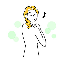 スキンケア 背中のポツポツ（吹き出物・ニキビ）が治り喜んでいる可愛い女性 イラスト シンプル ベクター