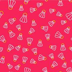 Line Badminton shuttlecock icon isolated seamless pattern on red background. Sport equipment. Vector