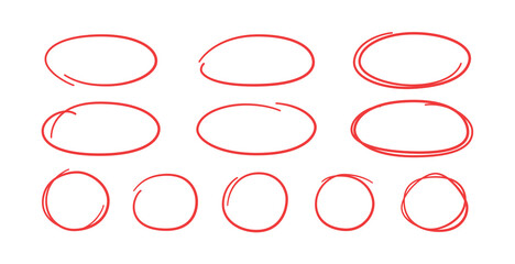 Set of hand drawn red circles and ovals. Highlight circle frames. Ellipses in doodle style. Vector illustration isolated on white background. - obrazy, fototapety, plakaty