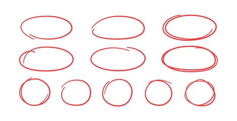 Fotobehang Set of hand drawn red circles and ovals. Highlight circle frames. Ellipses in doodle style. Vector illustration isolated on white background. © Elena Pimukova