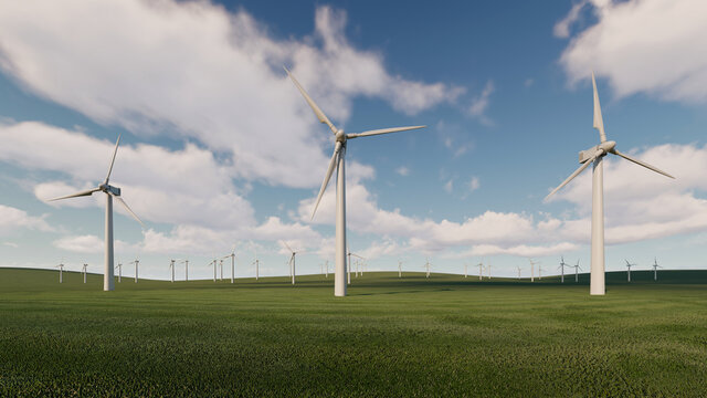 Wind Turbines Across the Grassy Plain 3D Rendering