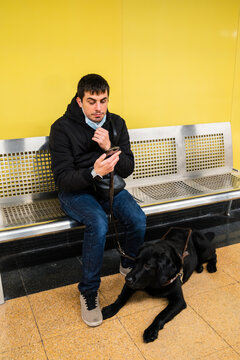 Male passenger in mask with guide dog on metro station