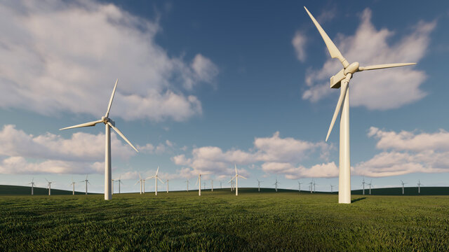 Wind Turbines Across the Plain on a Sunny Day 3D Rendering