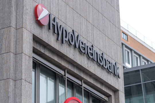 Hamburg, Germany - March 28, 2021: Hypovereinsbank branch. UniCredit Bank Aktiengesellschaft, better known as its brand name Hypovereinsbank, is the fifth-largest of German financial institutions